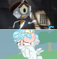 Size: 474x490 | Tagged: safe, edit, edited screencap, screencap, cozy glow, cyclops, pegasus, pony, g4, season 9, the ending of the end, bow, cartoon network, female, filly, foal, hair bow, male, petrification, pinpoint eyes, rob, scared, spread wings, the amazing world of gumball, turned to stone, wings