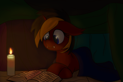 Size: 3000x2000 | Tagged: safe, artist:memeancholy, oc, oc only, oc:red flame, bat pony, pony, unicorn, bat pony oc, book, candle, crossed hooves, crossed legs, floppy ears, high res, looking down, lying down, reading, solo