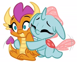 Size: 2048x1665 | Tagged: safe, artist:emberslament, ocellus, smolder, changedling, changeling, dragon, g4, baby, baby changeling, baby dragon, blushing, commission, cute, cute little fangs, diaocelles, duo, eyes closed, fangs, hug, simple background, smolderbetes, tail, tail wag, white background, wide eyes, younger