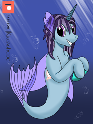 Size: 1536x2048 | Tagged: safe, artist:kathalia, oc, oc only, alicorn, merpony, pony, seapony (g4), bubble, commission, crepuscular rays, digital art, female, fin wings, fins, fish tail, flowing tail, horn, looking at you, mare, ocean, patreon, patreon logo, purple eyes, purple mane, seaponified, sketch, smiling, smiling at you, solo, species swap, sunlight, tail, teeth, underwater, water, wings