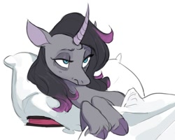 Size: 1108x886 | Tagged: safe, artist:egil, oleander (tfh), classical unicorn, pony, unicorn, them's fightin' herds, book, cloven hooves, community related, curved horn, female, horn, lidded eyes, messy mane, pillow, simple background, sleepy, solo, tired, unamused, unicornomicon, unshorn fetlocks, white background