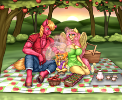 Size: 3800x3123 | Tagged: safe, artist:jraisins, big macintosh, oc, oc:princess butter bloom, oc:princess fluttershy, alicorn, anthro, unguligrade anthro, au:friendship is kindness, series:fik: next generation, g4, alicorn oc, alternate design, alternate hairstyle, alternate universe, apple, apple tree, baby, basket, big breasts, breasts, busty fluttershy, canon x oc, cleavage, clothes, colored wings, commission, cup, cuteness overload, dress, family, father and child, father and daughter, female, filly, fluttermom, foal, food, glass, glowing, glowing horn, hand on head, head pat, herbivore, high res, horn, jewelry, juice, lemonade, levitation, long hair, magic, male, mare, mother and child, mother and daughter, offspring, parent:big macintosh, parent:fluttershy, parents:fluttermac, pat, picnic, picnic basket, picnic blanket, pitcher, ring, sandwich, ship:fluttermac, shipping, stallion, story included, straight, sweet apple acres, sweet dreams fuel, teacup, teapot, telekinesis, tree, two toned wings, wedding ring, wings