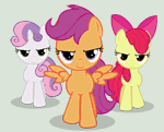 Size: 150x121 | Tagged: safe, artist:iks83, apple bloom, scootaloo, sweetie belle, earth pony, pegasus, pony, unicorn, flight to the finish, g4, animated, apple bloom's bow, bow, cutie mark crusaders, female, filly, foal, gif, gif for breezies, hair bow, hearts as strong as horses, picture for breezies, trio