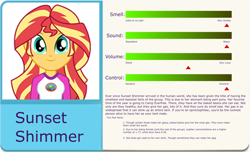 Size: 3000x1825 | Tagged: safe, edit, sunset shimmer, human, equestria girls, g4, camp everfree outfits, eqg profiles, fart profiles, implied farting, looking at you, solo, statistics