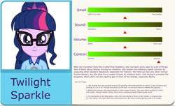 Size: 3000x1825 | Tagged: safe, edit, sci-twi, twilight sparkle, human, equestria girls, g4, camp everfree outfits, eqg profiles, fart profiles, implied farting, looking at you, solo, statistics