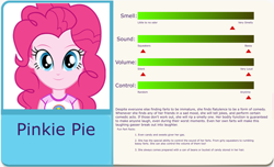 Size: 3000x1825 | Tagged: safe, edit, pinkie pie, human, equestria girls, g4, camp everfree outfits, eqg profiles, fart profiles, implied farting, looking at you, solo, statistics