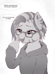 Size: 1748x2338 | Tagged: safe, artist:evomanaphy, oc, oc only, oc:nishati, zebra, bully, bullying, clothes, dialogue, glasses, hoodie, offscreen character, solo, speech bubble
