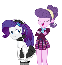 Size: 1038x1082 | Tagged: safe, artist:swiftgaiathebrony, rarity, suri polomare, human, equestria girls, g4, blackmail, clothes, crystal prep academy uniform, duo, duo female, female, maid, maidity, open mouth, school uniform, simple background, socks, thigh highs, white background
