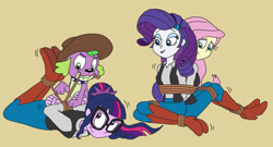 Size: 1280x692 | Tagged: safe, artist:bugssonicx, fluttershy, rarity, sci-twi, spike, spike the regular dog, twilight sparkle, dog, human, equestria girls, g4, back to back, bondage, boots, bound together, cowboy boots, hogtied, rope, rope bondage, shoes, simple background, smiling, tied up