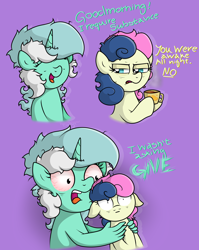 Size: 3234x4064 | Tagged: safe, artist:background basset, bon bon, lyra heartstrings, sweetie drops, earth pony, pony, unicorn, g4, bags under eyes, bloodshot eyes, bust, coffee mug, dialogue, duo, duo female, female, floppy ears, hand, mug, open mouth, shocked, shocked expression, simple background, suddenly hands, text, tired, tired eyes, wat