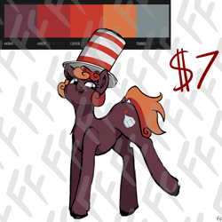 Size: 3000x3000 | Tagged: safe, artist:ponykittenboi, oc, oc only, oc:small top, earth pony, pony, adoptable, color palette, color palette challenge, female, hat, high res, lifted leg, limited palette, mare, signature, simple background, solo, top hat, watermark, white background