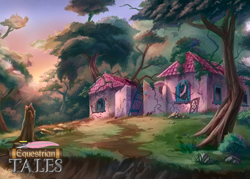 Size: 2100x1500 | Tagged: safe, artist:harmonize entertainment, g1, equestrian tales, forest, house, no pony, paradise estate, promotional art, ruins, tree