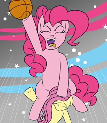 Size: 1500x1730 | Tagged: safe, artist:legendoflink, fluttershy, pinkie pie, earth pony, pegasus, pony, g4, basketball, dunked on, dunking, duo, duo female, eyes closed, female, jumping, meme, redraw, simple background, sports, tongue out