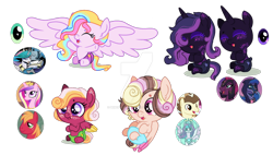 Size: 1280x725 | Tagged: safe, artist:elementbases, artist:princess-kitsune-tsu, idw, big macintosh, king sombra, pound cake, princess cadance, princess celestia, princess flurry heart, princess luna, tempest shadow, oc, alicorn, earth pony, pegasus, pony, unicorn, g4, baby, baby pony, base used, cadmac, diaper, eyes closed, female, filly, foal, freckles, good king sombra, horn, infidelity, large wings, lesbian, magical lesbian spawn, male, mare, offspring, older, older flurry heart, older pound cake, parent:big macintosh, parent:good king sombra, parent:king sombra, parent:pound cake, parent:princess cadance, parent:princess celestia, parent:princess flurry heart, parent:princess luna, parent:tempest shadow, parents:cadmac, parents:celestibra, parents:poundflurry, parents:tempestluna, pegasus oc, screencap reference, ship:celestibra, ship:poundflurry, ship:tempestluna, shipping, simple background, smiling, spread wings, stallion, straight, transparent background, unicorn oc, wings