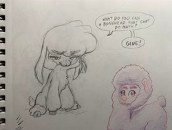 Size: 4032x3024 | Tagged: safe, artist:lost marbles, artist:oxfordinary, oc, oc only, oc:prey, lamb, sheep, fanfic:prey and a lamb, ewe, fanfic art, female, ribbon, solo, speech bubble, traditional art