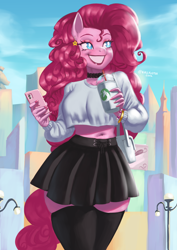 Size: 1754x2480 | Tagged: safe, artist:nire, pinkie pie, anthro, adorasexy, bag, belly button, big breasts, breasts, busty pinkie pie, cellphone, choker, city, clothes, cloud, cup, curly hair, curvy, cute, diapinkes, drink, ear piercing, earring, eyelashes, eyeliner, eyeshadow, female, jewelry, lamppost, lipstick, long nails, looking away, makeup, manehattan, midriff, nail polish, phone, piercing, pleated skirt, sexy, short shirt, skindentation, skirt, smartphone, smiling, solo, stockings, stupid sexy pinkie, sweater, thick, thigh highs, thighs, thunder thighs, zettai ryouiki