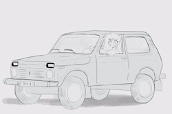 Size: 3093x2056 | Tagged: safe, artist:kotletova97, oc, oc only, unnamed oc, earth pony, pony, car, earth pony oc, female, grin, high res, lada, lada niva, license plate, mare, monochrome, shadow, simple background, smiling, solo, suv, vehicle, white background