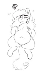 Size: 752x1277 | Tagged: safe, artist:somefrigginnerd, oc, oc:pencil test, earth pony, pony, belly, belly button, big belly, ear piercing, earring, earth pony oc, fat, female, fupa, jewelry, lineart, lying down, monochrome, on back, piercing, simple background, sketch, solo, thick eyebrows