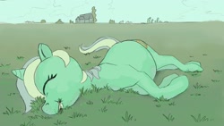 Size: 2732x1538 | Tagged: safe, artist:mandumustbasukanemen, lyra heartstrings, pony, unicorn, g4, belly, cute, eyes closed, female, grass, grazing, happy, herbivore, horses doing horse things, lying down, lyrabetes, mare, outdoors, solo