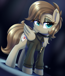 Size: 3400x4000 | Tagged: safe, artist:thebatfang, oc, oc only, oc:toffee scotch, pegasus, pony, choker, clothes, ear piercing, eyeshadow, female, high res, jacket, jewelry, leather, leather jacket, lidded eyes, looking at you, makeup, mare, piercing, rule 63, solo