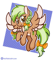 Size: 860x929 | Tagged: safe, artist:redpalette, oc, oc only, oc:sylvia evergreen, pegasus, pony, bow, braid, cute, female, flying, hair bow, mare, pegasus oc, solo, spread wings, tail, tail bow, wings
