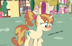 Size: 4356x2826 | Tagged: safe, artist:gypsykumquat, oc, oc:clovette, pony, unicorn, comic:meet clovette, blushing, dialogue, embarrassed, horn, looking down, ponyville, show accurate, smiling, talking to viewer, teenager, unicorn oc, vector