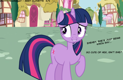 Size: 4356x2826 | Tagged: safe, artist:gypsykumquat, twilight sparkle, pony, unicorn, comic:meet clovette, g4, dialogue, embarrassed, horn, ponyville, show accurate, smiling, talking to viewer, unicorn oc, unicorn twilight, vector