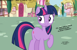 Size: 4356x2826 | Tagged: safe, artist:gypsykumquat, twilight sparkle, pony, unicorn, comic:meet clovette, g4, dialogue, embarrassed, ponyville, show accurate, smiling, talking to viewer, teenager, unicorn twilight, vector