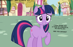 Size: 4356x2826 | Tagged: safe, artist:gypsykumquat, twilight sparkle, pony, unicorn, comic:meet clovette, g4, dialogue, looking at you, ponyville, show accurate, smiling, smiling at you, talking to viewer, unicorn twilight, vector