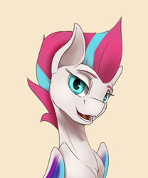 Size: 1800x2160 | Tagged: safe, artist:tenebrisnoctus, zipp storm, pegasus, pony, g5, bust, colored wings, female, folded wings, lidded eyes, looking at you, mare, multicolored wings, open mouth, open smile, simple background, slender, smiling, smiling at you, solo, thin, wings, yellow background