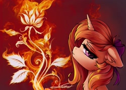 Size: 2100x1500 | Tagged: source needed, useless source url, safe, artist:lesti, artist:setharu, oc, oc only, oc:reyked, alicorn, pony, bow, chest fluff, collaboration, ear fluff, fire, flower, hair bow, intersex, looking at you, looking sideways, signature, solo, tongue out