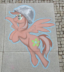 Size: 1422x1601 | Tagged: safe, alternate version, artist:malte279, oc, oc only, oc:leafhelm, pegasus, pony, galacon, chalk, chalk drawing, clothes, galacon 2022, helmet, solo, traditional art, wings