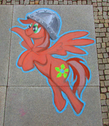 Size: 3612x4180 | Tagged: safe, alternate version, artist:malte279, oc, oc only, oc:leafhelm, pegasus, pony, galacon, chalk, chalk drawing, clothes, galacon 2022, helmet, solo, traditional art, wings