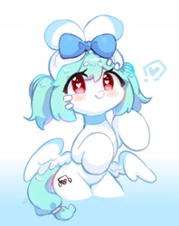 Size: 1624x2048 | Tagged: safe, artist:bubbletea, oc, oc only, oc:uki, pegasus, pony, bow, cute, female, hair bow, heart, heart eyes, looking at you, simple background, solo, waist wings, wingding eyes, wings
