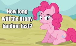 Size: 1231x760 | Tagged: safe, edit, edited screencap, screencap, pinkie pie, earth pony, pony, a friend in deed, g4, season 2, brony, bronybait, caption, female, frown, hoof on chin, image macro, mare, meta, photo, question, raised eyebrow, sitting, solo, text, the ride never ends, thinking