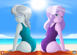 Size: 4960x3571 | Tagged: safe, artist:minusclass, diamond tiara, silver spoon, human, equestria girls, g4, absurd resolution, ass, beach, butt, clothes, diamond buttiara, duo, duo female, female, looking at you, looking back, looking back at you, one-piece swimsuit, silverbutt, sitting, sun, swimsuit