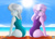 Size: 4960x3571 | Tagged: safe, artist:minusclass, diamond tiara, silver spoon, human, equestria girls, g4, absurd resolution, ass, beach, butt, clothes, diamond buttiara, duo, duo female, female, looking at you, looking back, looking back at you, one-piece swimsuit, silverbutt, sitting, sun, swimsuit