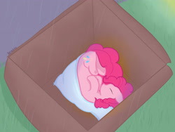 Size: 4000x3000 | Tagged: safe, artist:reinbou, pinkie pie, earth pony, pony, g4, box, curled up, cute, diapinkes, eyes closed, fetal position, grass, if i fits i sits, light, pavement, pillow, pony in a box, rain, sleeping, solo