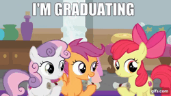 Size: 640x360 | Tagged: safe, edit, edited screencap, editor:quoterific, screencap, apple bloom, scootaloo, sweetie belle, bird, earth pony, pegasus, pony, unicorn, g4, marks for effort, season 8, adorabloom, animated, apple bloom's bow, bow, cute, cutealoo, cutie mark crusaders, diasweetes, eyes closed, female, filly, flying, foal, gif, gifs.com, grin, hair bow, impact font, open mouth, open smile, school of friendship, scroll, smiling, spread wings, text, trio, wings