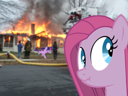 Size: 1800x1350 | Tagged: safe, artist:pizza split, pinkie pie, twilight sparkle, human, pony, disaster girl, fire, firefighter, house fire, implied arson, irl, irl human, liar face, looking at you, looking back, meme, photo, pinkamena diane pie, ponies in real life, ponified meme, solo, some mares just want to watch the world burn, this ended in fire, what have you done?!