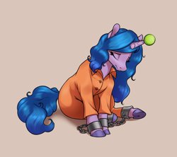Size: 3600x3200 | Tagged: safe, artist:aquaticvibes, izzy moonbow, pony, unicorn, g5, ball, clothes, cuffs, eyes closed, female, high res, izzy's tennis ball, jumpsuit, mare, never doubt rainbowdash69's involvement, prison outfit, prisoner, prisoner im, sad, shackles, sitting, solo, tennis ball