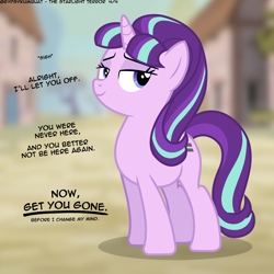 Size: 2800x2800 | Tagged: safe, artist:gypsykumquat, starlight glimmer, pony, unicorn, comic:the starlight terror, g4, dialogue, equal cutie mark, equality, equalized, female, high res, mare, our town, s5 starlight, show accurate, smiling, smug, smuglight glimmer, solo, terrified, vector