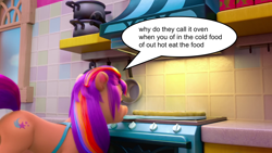 Size: 1920x1080 | Tagged: safe, edit, edited screencap, screencap, sunny starscout, earth pony, pony, g5, make your mark, my little pony: make your mark, cropped, engrish, female, food, kitchen, mane stripe sunny, mare, meme, mouth hold, multicolored mane, oven, pizza, solo, speech bubble, why do they call it oven