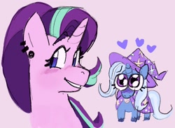 Size: 2024x1481 | Tagged: safe, artist:sleepy screen, starlight glimmer, trixie, pony, unicorn, g4, blushing, duo, duo female, ear piercing, earring, eyebrows, eyebrows visible through hair, female, grin, heart, jewelry, lesbian, mare, piercing, pink background, ship:startrix, shipping, simple background, smiling