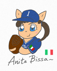 Size: 928x1152 | Tagged: source needed, safe, anonymous artist, oc, oc only, pony, anita bissa, baseball, baseball cap, cap, female, filly, foal, hat, italy, ponified, solo, sports