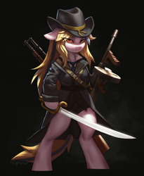 Size: 2275x2781 | Tagged: safe, artist:theprince, oc, oc:bertha icey windsor, pony, unicorn, action pose, bipedal, black background, bounty hunter, cool, female, floppy ears, front view, gun, hat, high res, horn, huntress, long hair, overcoat, serious, simple background, solo, standing, sword, unicorn oc, weapon