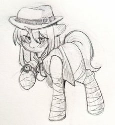 Size: 640x694 | Tagged: artist needed, safe, oc, oc only, oc:bertha icey windsor, pony, unicorn, adventurer, female, hat, pencil drawing, solo, traditional art