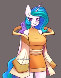 Size: 1201x1529 | Tagged: safe, artist:handgunboi, princess celestia, alicorn, anthro, g4, bare shoulders, breasts, brown background, busty princess celestia, female, simple background, solo
