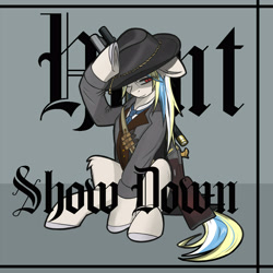 Size: 4000x4000 | Tagged: artist needed, safe, oc, oc:bertha icey windsor, pony, unicorn, blackletter, bounty hunter, clothes, cowboy hat, female, gray background, gun, hat, huntress, jacket, necktie, overcoat, red eyes, rifle, scope, simple background, sitting, solo, weapon