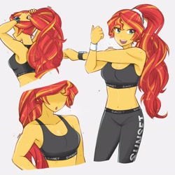 Size: 2894x2894 | Tagged: safe, artist:deeemperor, sunset shimmer, human, equestria girls, alternate hairstyle, bare shoulders, belly button, breasts, clothes, female, gym uniform, open mouth, ponytail, reasonably sized breasts, sleeveless, smartwatch, sweat, sweatdrops, watch